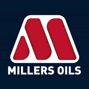 A black square background featuring a red and white Millers Oils Logo
