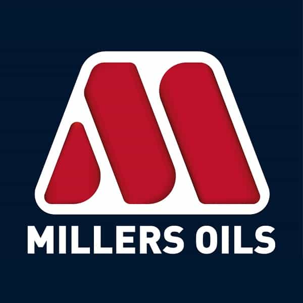 A black square background featuring a red and white Millers Oils Logo